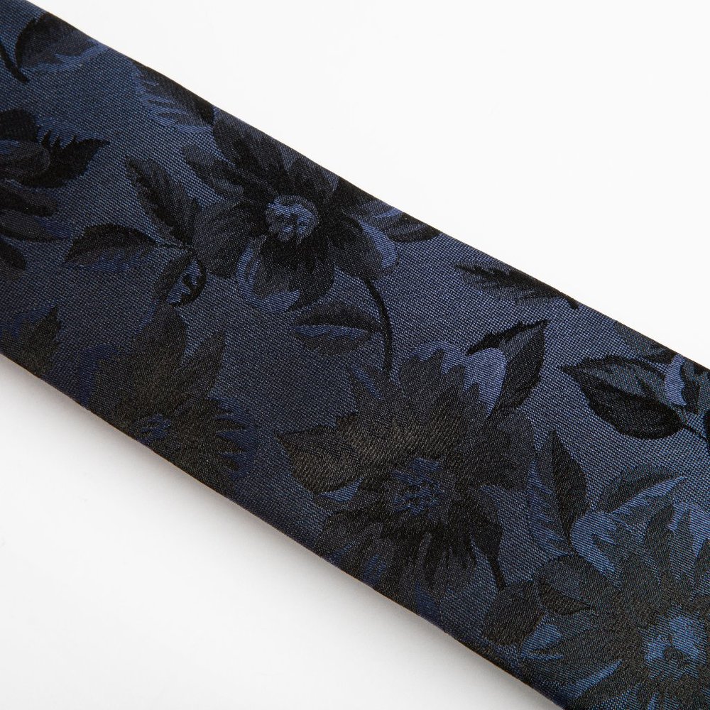 Navy Blue Narrow Floral Silk Tie - Picture 2 of 4